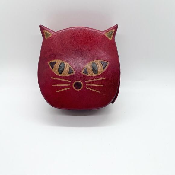 Leather Cat Piggy Bank Coin Tooled Red 4.5''x4'' Kitty Kitten India Boho Retro - Picture 1 of 4